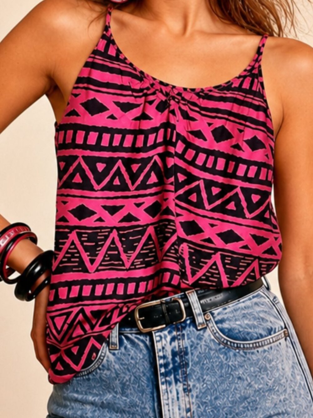 Roxy Stranger Things Vibe Pink and Black Geometric Tank Top Large